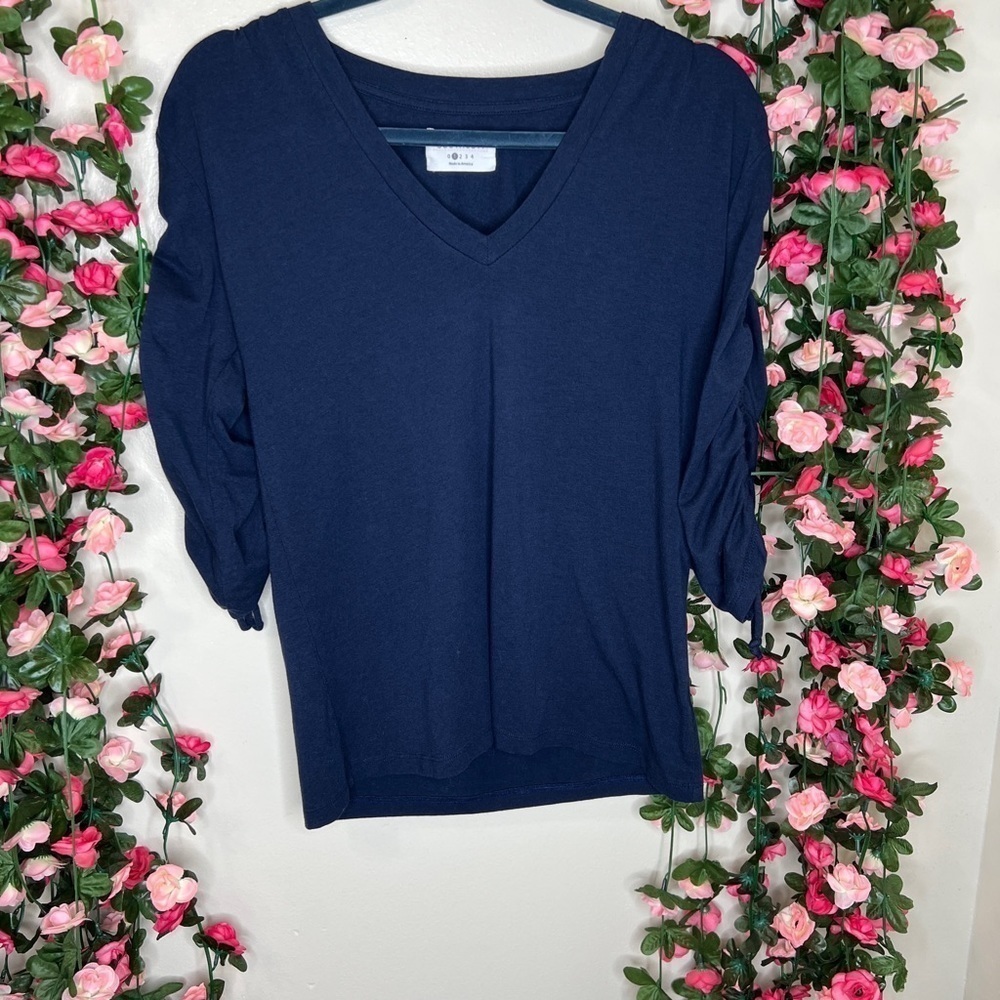 Southcott Navy Blue Ruched 3/4 Sleeve Womens Bamboo Blouse Small Lounge Leisure